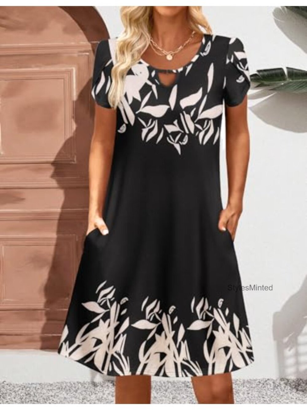 Floral A-Line Mini Dress with Pockets Flowy Sundress Summer Casual - Picture 3 of 6